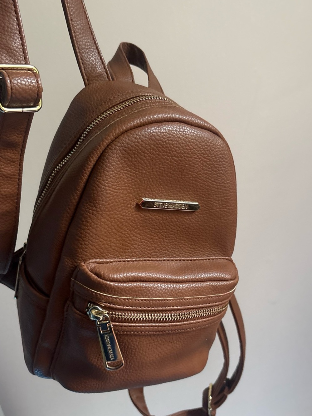 Steve Madden Cognac Pebbled Mini Backpack with Gold Hardware